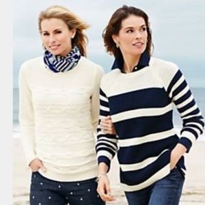 Talbots Navy & Cream Striped Knit Crewneck Sweater